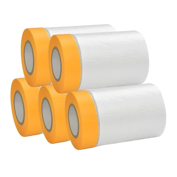 BUZIFU 5 Rolls Dust Sheets Roll Plastic Masking Film Rolls Pre-Taped Dust Sheets Adhesive Dust Sheet Roll Dust-Proof & Waterproof Shields for Painting, Decorating, Furniture Covering (55cm*20m)