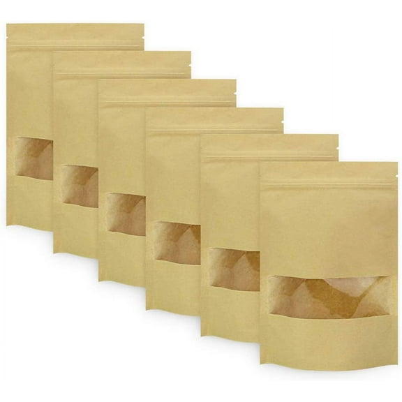 BUZIFU 50 Pcs Kraft Paper Bags with Window Sealable Paper Bags Resealable Stand Up Pouch Brown Paper Bags Waterproof Ziplock Seal Bags for Tea Candy Coffee Beans Seeds Dried Fruits Storage (14x22cm)