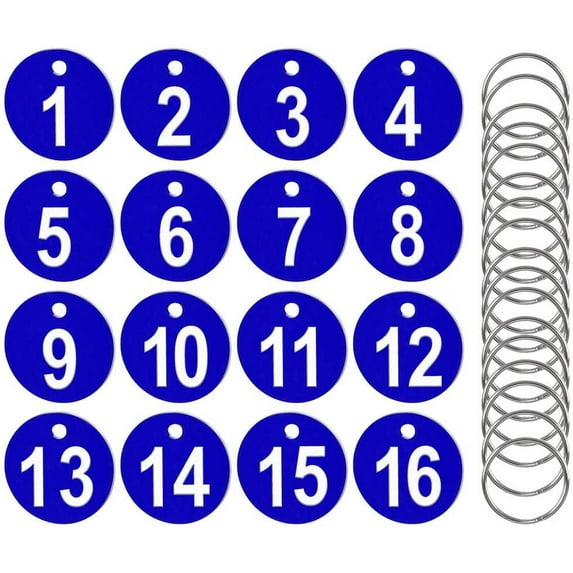 BUZIFU 50 Pcs Number Keyring, Plastic Number Tags, Round Key Number Tags Number Key Chain Engraved Number Discs Table Tags Key Tags with Rings for Hotel Supermarket Lockers Dormitory Keys (Blue)