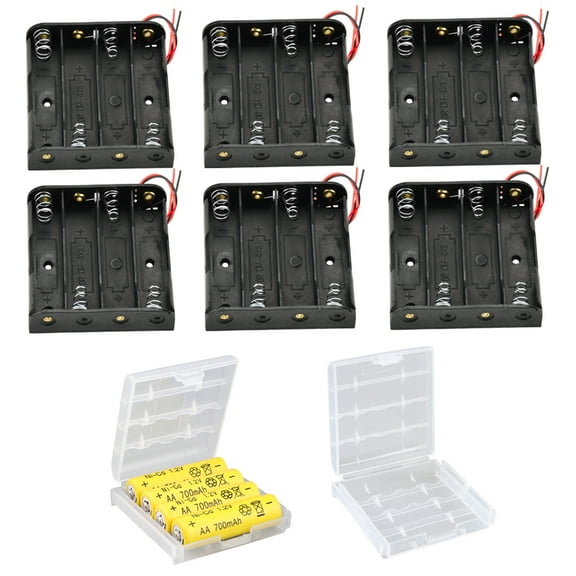 BUZIFU 6 PCS 4 AA Battery Holder with Leads & 2 PCS Plastic Battery Storage Box, AA Battery Holder with Pin 6V AA Battery Holder with Metallic Spring Battery Holder for DIY Toy Power Supply (Black)