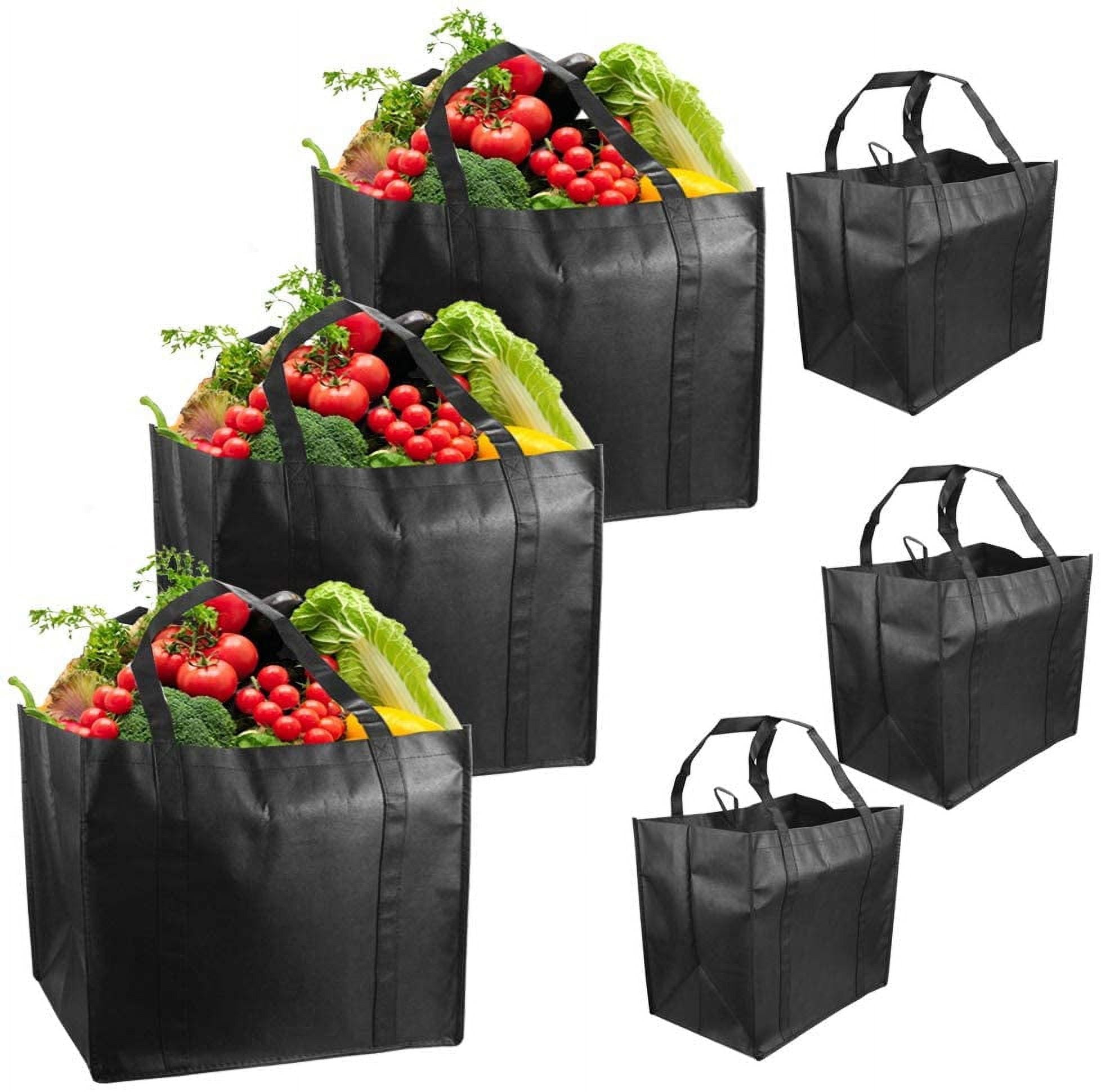 BUZIFU 6 Pcs Non Woven Grocery Tote Bag Reusable Large Shopping Bag Durable Heavy Duty Thick Support Bottom Reinforced Handle Carrier Shoulder Bags Hold 44+ lbs 15” x 10”x 14” Eco Friendly Black