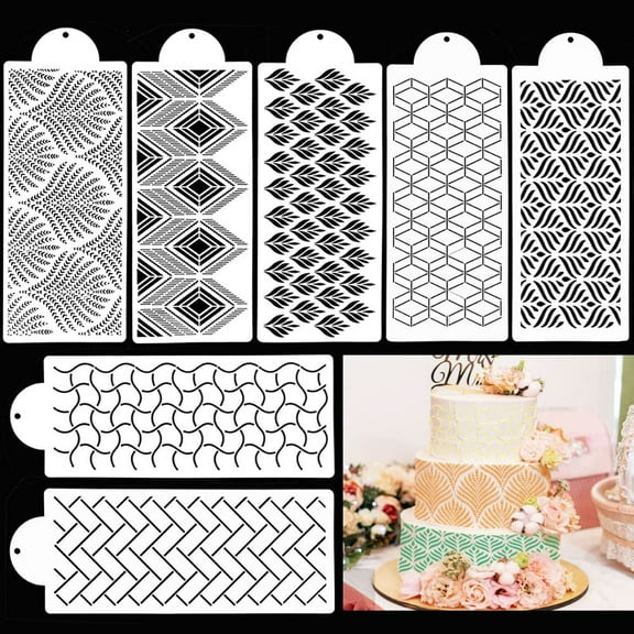 BUZIFU 7 Pcs Cake Stencils Cake Decorating Stencils Floral Cake Templates Buttercream Sstencils Printing Hollow Lace Decoration Embossing Mat Stencils for Cake Decorations Wedding Cupcake Birthday