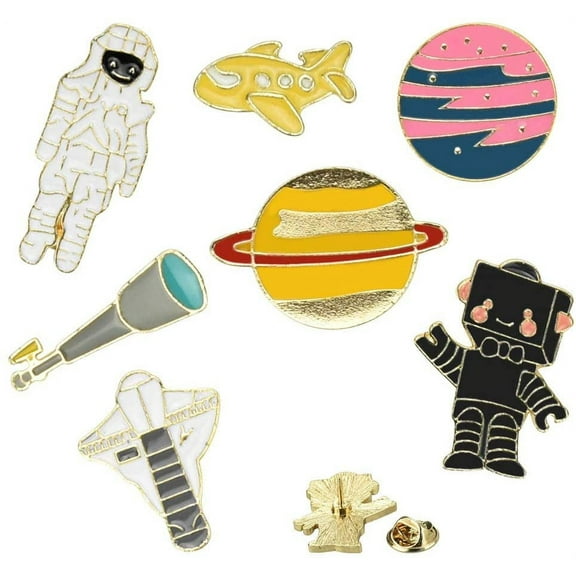BUZIFU 7Pcs Cute Enamel Lapel Pin Set Space Jewellery Badge Pin Cartoon Space Brooch Planet Rocket Spaceman Telescope Robot Brooch for Clothes Bag Jacket Backpack Decoration, Christmas New Year Gift