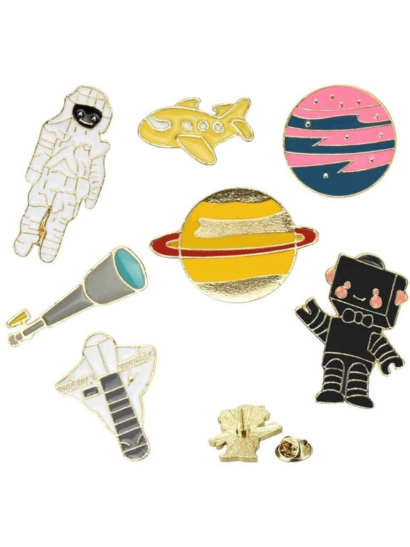 7Pcs Cute Enamel Lapel Pin Set Space Jewellery Badge Pin Cartoon Space Brooch Planet Rocket Spaceman Telescope Robot Brooch for Clothes Bag Jacket Backpack Decoration, Christmas New Year Gift