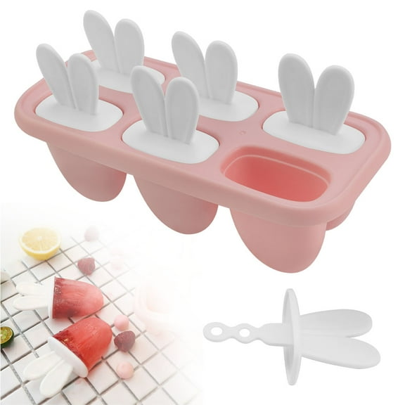 BUZIFU Cartoon Ice Lolly Moulds BPA-FREE Ice Lolly Maker Bunny Ice Cream Mould DIY Popsicle Mold Reusable Ice Pop Maker with Sticks for Toddlers Children Adults Homemade Popsicle (6 Grids, Pink)