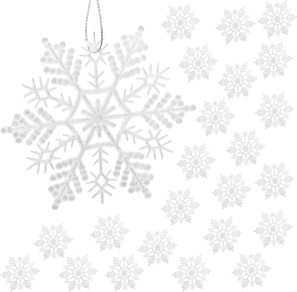 BUZIFU Christmas Snowflake,24 Piece White Glitter Snowflake,Snowflake Bauble Decorative Snowflakes with Cords,10cm Plastic Winter Snowflake Ornaments for Hotels,Ktv,Office Buildings