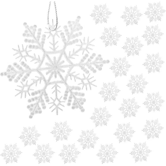 BUZIFU Christmas Snowflake,24 Piece White Glitter Snowflake,Snowflake Bauble Decorative Snowflakes with Cords,10cm Plastic Winter Snowflake Ornaments for Hotels,Ktv,Office Buildings