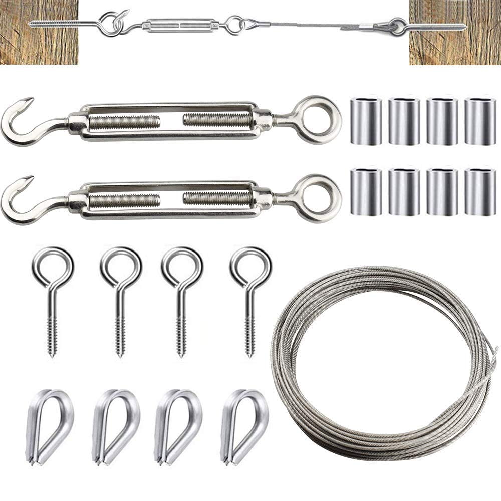BUZIFU Garden Wire Rope,Picture Wire/Wire Fence Roll Kit,15 Meter Garden Wire,2 Turnbuckle Wire Tensioner,4 Wire Rope Thimble,4 Eye Hook and 8 Swage Clip,Cable Railing Kit for Tent,Wisteria,lights