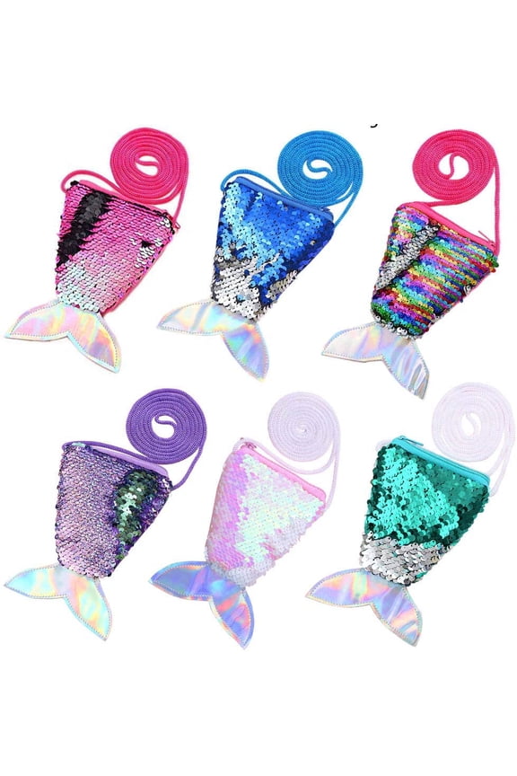 Mermaid Sequins Purse 6 PCS Mini Fishtail Purse, Child Girl Messenger Bag, can Store Coins, Keys, Cards, Candy, Snacks or Other Mini Things