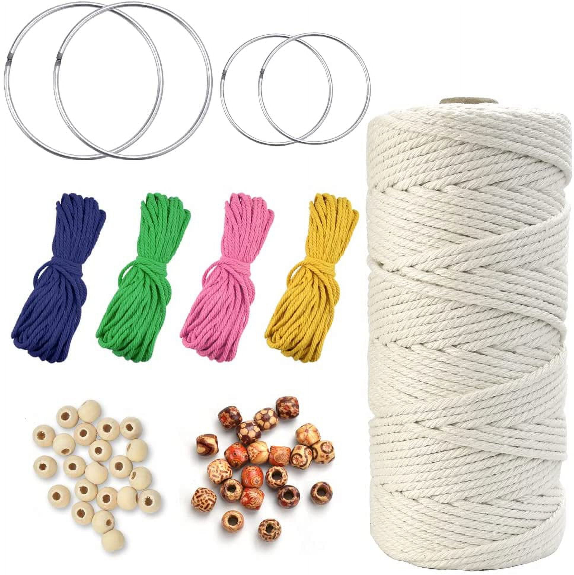 BUZIFU Natural Macrame Cord, 3MM*100M Cotton Cord Macrame Rope Macrame Kit with 100 Pcs Wood Beans, 4 Pcs Metal Rings, 4 Color Craft Cotton String Twine for Plant Hangers Knitting Macrame Craft DIY