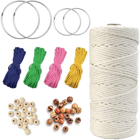 BUZIFU Natural Macrame Cord, 3MM*100M Cotton Cord Macrame Rope Macrame Kit with 100 Pcs Wood Beans, 4 Pcs Metal Rings, 4 Color Craft Cotton String Twine for Plant Hangers Knitting Macrame Craft DIY