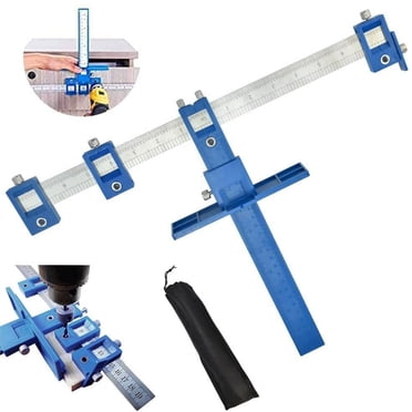 Universal Punch Locator Drill Guide Jig – For Cabinet Hardware, Drawer Pulls & Wood Dowelling (Blue/Silver)