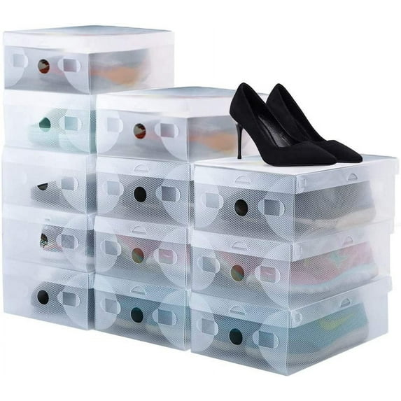 BUZIFU Shoe Storage Boxes 20 Pcs Clear Plastic Shoe Box Heavy Duty Tainer Storage Container Tidy Shoes Boxes Stackable Foldable Shoe Holder Organizer for Women Ladies Men (28 x 18 x 9.5cm)