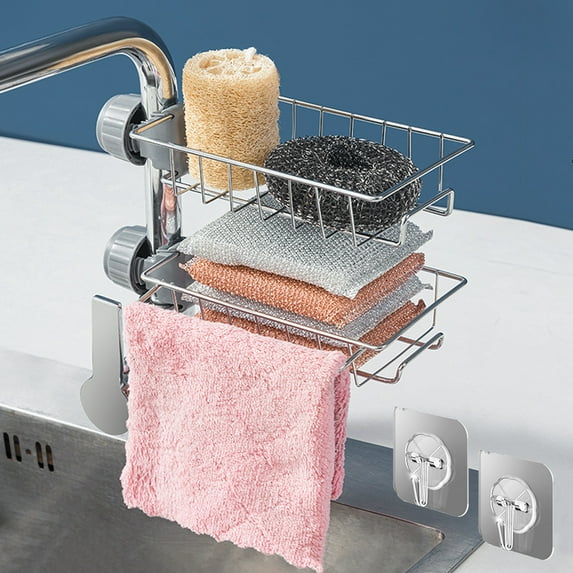 BUZIFU Shower Caddy No Drill, 2 Pack Kitchen Faucet Rack Kitchen Faucet Caddy Sponge Holder Sink Caddy Organizer Shower Tray Rack Shower Pole Shelf Shampoo Soap Holder Rack for 15mm-30mm Shower Rail