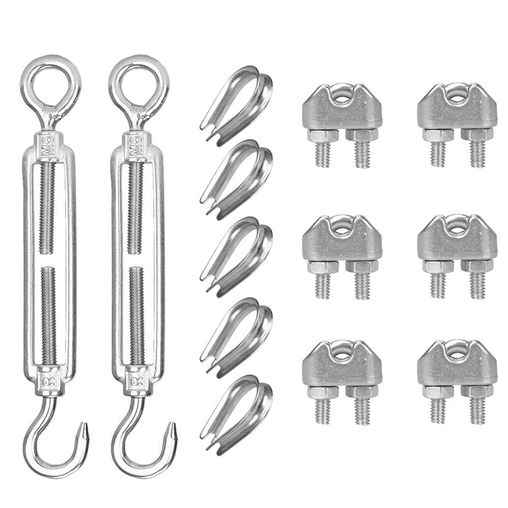 BUZIFU Turnbuckle Wire Tensioner Stainless Steel Cable Wire Tensioner Kit  with Wire Cable Clamp and Wire Rope Thimble for Clothesline, tension wire,  outdoor String Light object Suspension (13 Pcs) 