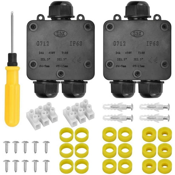 BUZIFU Waterproof Junction Box,IP68 3 Way Junction Box,2 Pack Electrical Connection Box Waterproof Cable Connectors Black Plastic Gland with Screw and Screwdriver