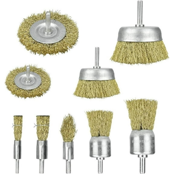 BUZIFU Wire Brushes Set, Brass Coated Wheel & Cup Brushes 1/4 in Shank, Sanding Brushes for Various Drills Perfect for Removal of Rust, Corrosion, Paint for Power, Garden & Hand Tools (9 Pack)