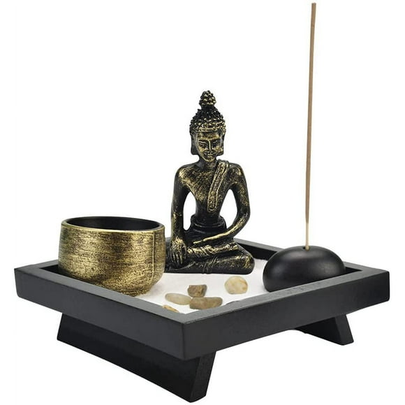 BUZIFU Zen Garden Buddha Candle Holders Ornament for Natural Stone Rattan Incense Gift Set
