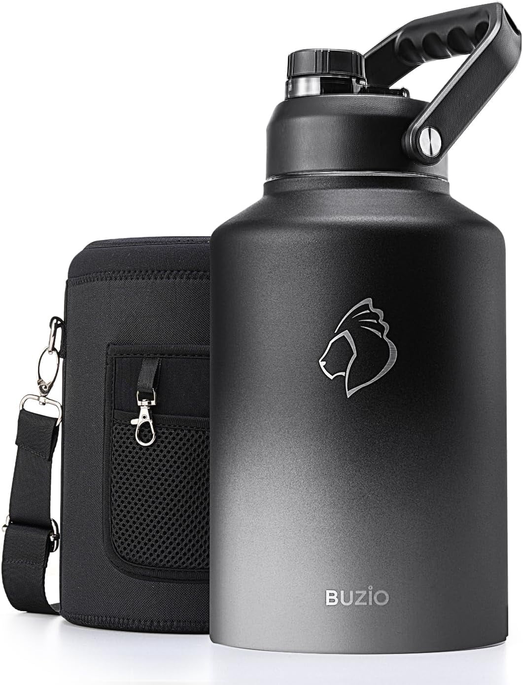 BUZIO 128oz One Gallon Insulated Large Stainless Steel Big Wide Mouth Water Jug Flask Water Bottle with Carrying Sleeve,Black Gray