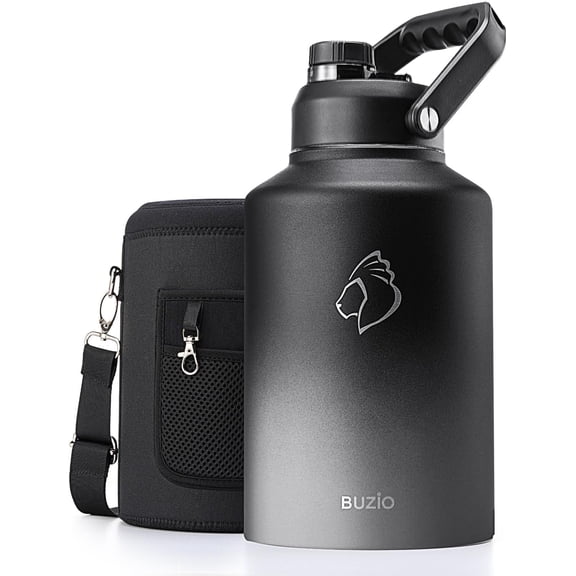 BUZIO 128oz One Gallon Insulated Large Stainless Steel Big Wide Mouth Water Jug Flask Water Bottle with Carrying Sleeve,Black Gray