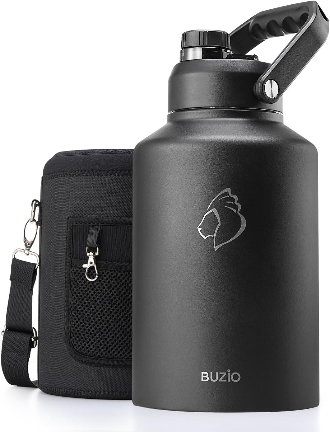 BUZIO 128oz One Gallon Insulated Large Stainless Steel Big Wide Mouth Water Jug Flask Water Bottle with Carrying Sleeve,Magic Black