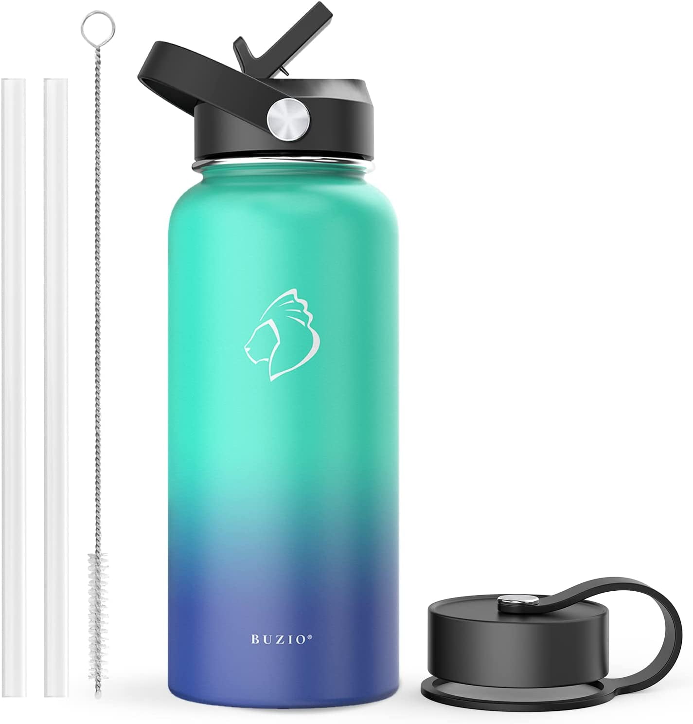 Buzio 32 oz Insulated Water Bottle with Straw Lid and Flex Cap, Double Wall Wide Mouth BPA Free Leak Proof Water Flask, Cold for 48 Hrs Hot for 24 Hrs
