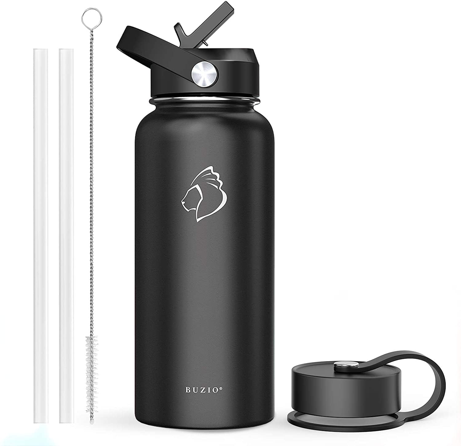 BUZIO 32 oz Insulated Water Bottle with Straw Lid and Flex Cap, Double Wall  Wide Mouth BPA Free Leak Proof Water Flask, Cold for 48 Hrs Hot for 24 Hrs  