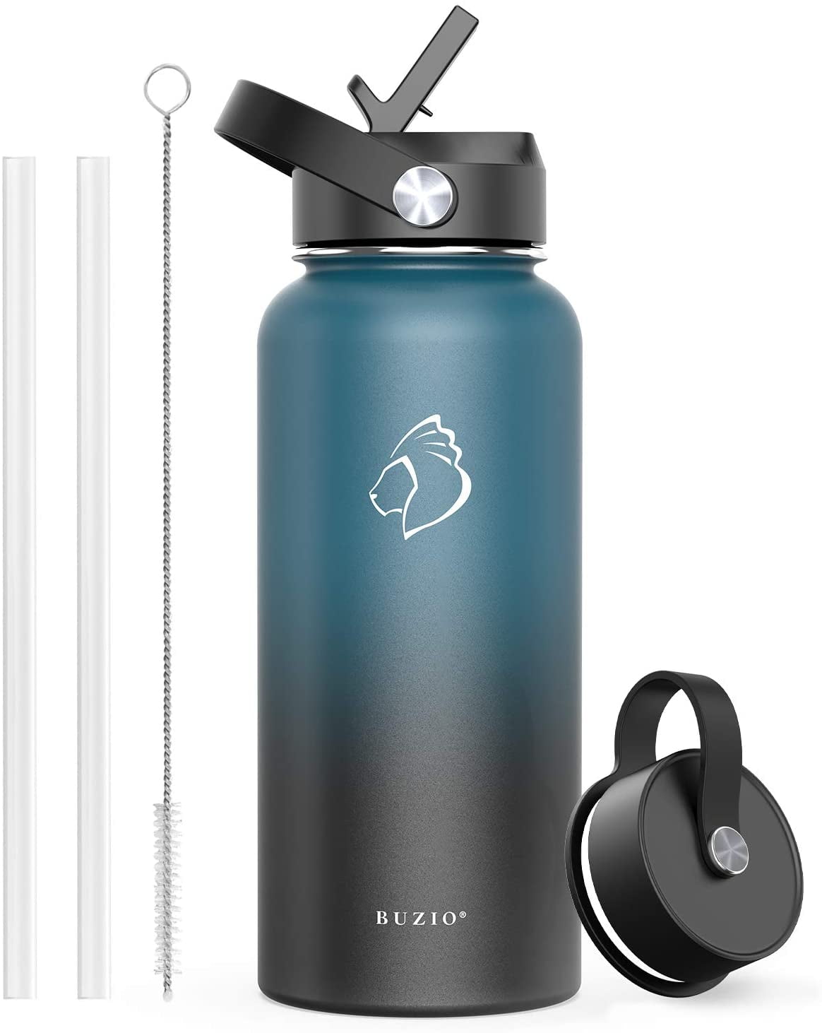 BUZIO Stainless Steel Water Bottle (Cold for 48 Hrs, Hot for 24 Hrs), 32 oz  Vacuum Insulated Water Bottle with Straw Lid and Flex Cap (Double Wall