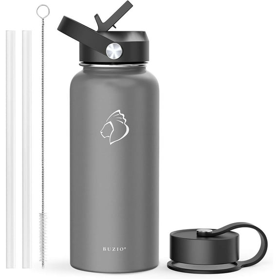 BUZIO 32 oz Insulated Water Bottle with Straw Lid and Flex Cap, Vacuum Stainless Steel Water Bottle Water Flask, Double Wall Travel Mug for Outdoor Sports Hiking Cycling Camping Running