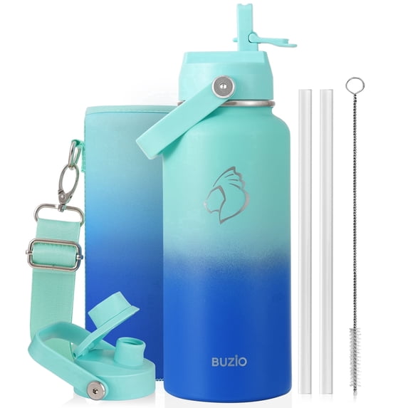 BUZIO Insulated Stainless Steel Water Bottle Flask 32 oz Triple Wall Leakproof BPA-Free with Straw & Spout Lids,Cold for 48 Hrs/Hot for 24 Hrs,Gradient Blue