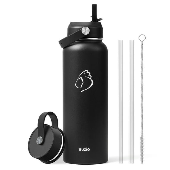 BUZIO 40 oz Insulated Water Bottle with Straw Lid and Flex Cap, Vacuum Stainless Steel Water Bottle Water Flask, Double Wall Travel Mug for Outdoor Sports Hiking Cycling Camping Running