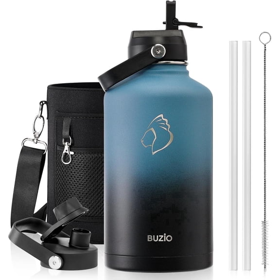 BUZIO 64 oz Half Gallon Insulated Water Bottle Jug with Straw Lid and Spout Lids Stainless Steel Double Wall Vacuum BPA-Free Wide Mouth Sports Drink Flask,Samurai Cyan