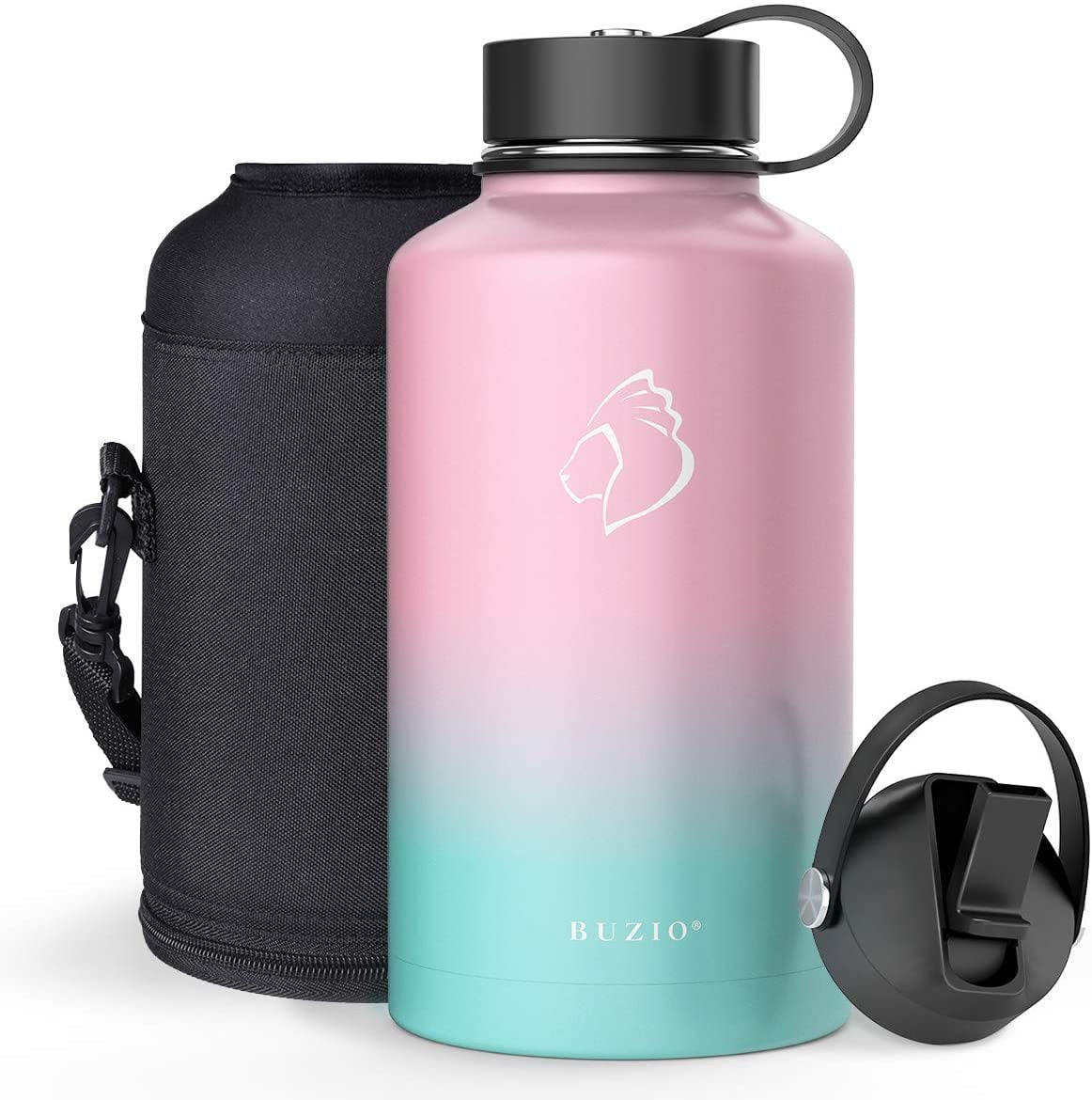 Gallon Water Bottle 128 oz with Straw Lid and Carrying Sleeve, BUZIO  Insulated Water Jug 128oz Stainless Steel with Two Beer Cups, Hot Cold  Hydro
