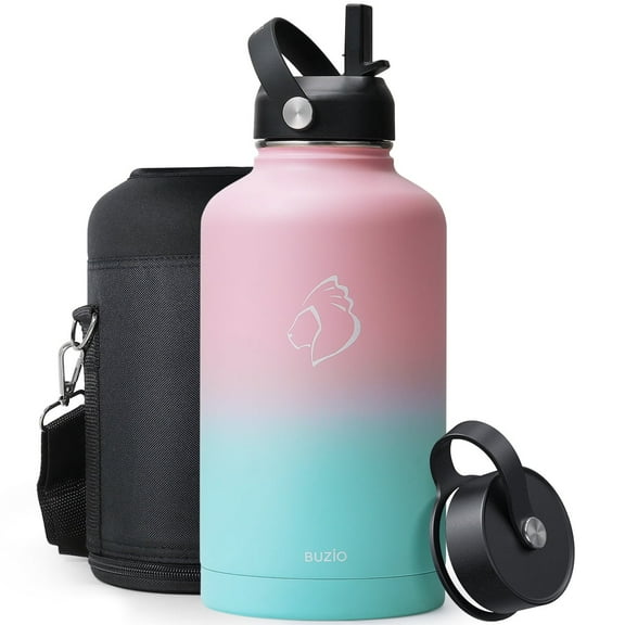 BUZIO 64 oz Insulated Water Bottle with Straw Lid and Flex Cap, Vacuum Stainless Steel Water Bottle Water Flask, Double Wall Travel Mug for Outdoor Sports Hiking Cycling Camping Running