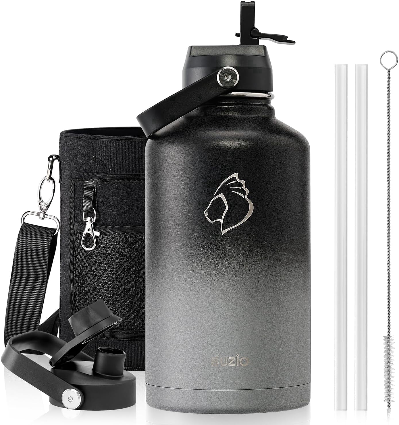 BUZIO 64 oz Insulated Water Bottle Stainless Steel Sports Half Gallon Wide Mouth Large Water Jug Flask with Straw Lid and Spout Lid for Gym Sports,Piano Night