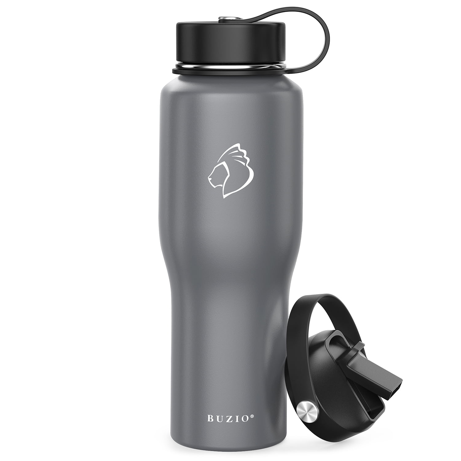 BUZIO Insulated Water Bottles 32 oz, Stainless Steel Water Bottle Fit in  Any Car Cup Holder, Gray 