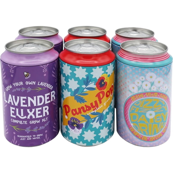 BUZZY Seeds Flower Grow Kit 6-Pack – Pansy, Lavender & Daisy Soda Cans with Seeds, Growing Medium & Liners – Fun DIY Indoor Gardening Party Favors & Gift Set