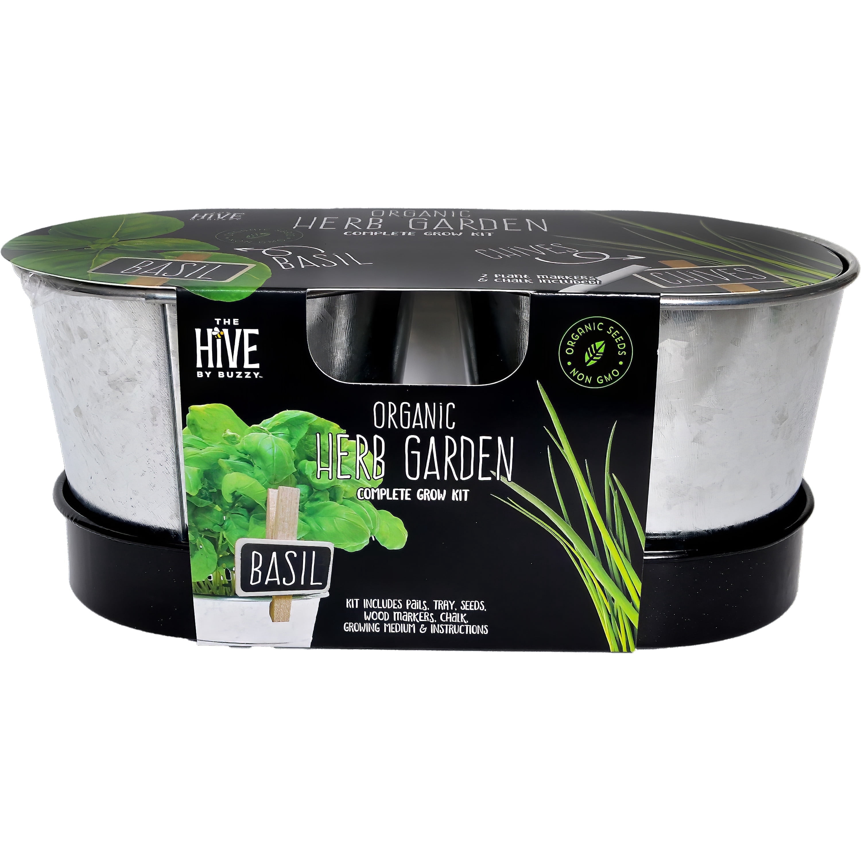 Kitchen Herb Garden Kit 2-Pot – Grow Basil and Chives with Metal Planters, Seeds, Growing Medium, and Plant Markers