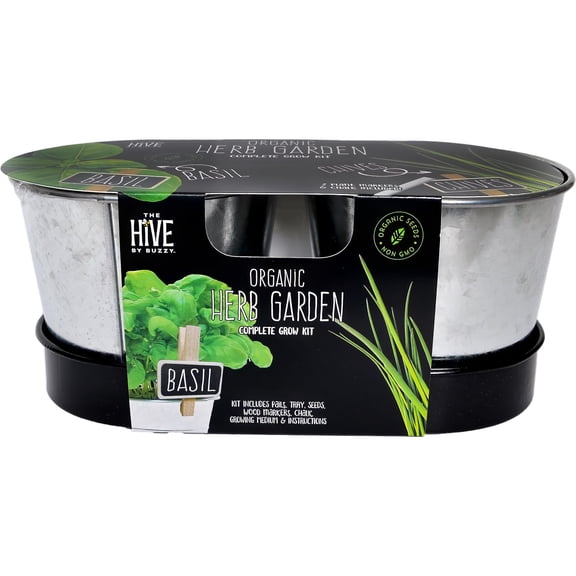 Kitchen Herb Garden Kit 2-Pot  Grow Basil and Chives with Metal Planters, Seeds, Growing Medium, and Plant Markers