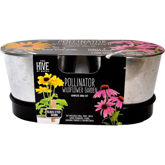 Pollinator Garden Kit  2 Metal Pots with Black-Eyed Susan & Coneflower Seeds, Growing Medium, Plant Markers, Chalk, Fun Garden Activity