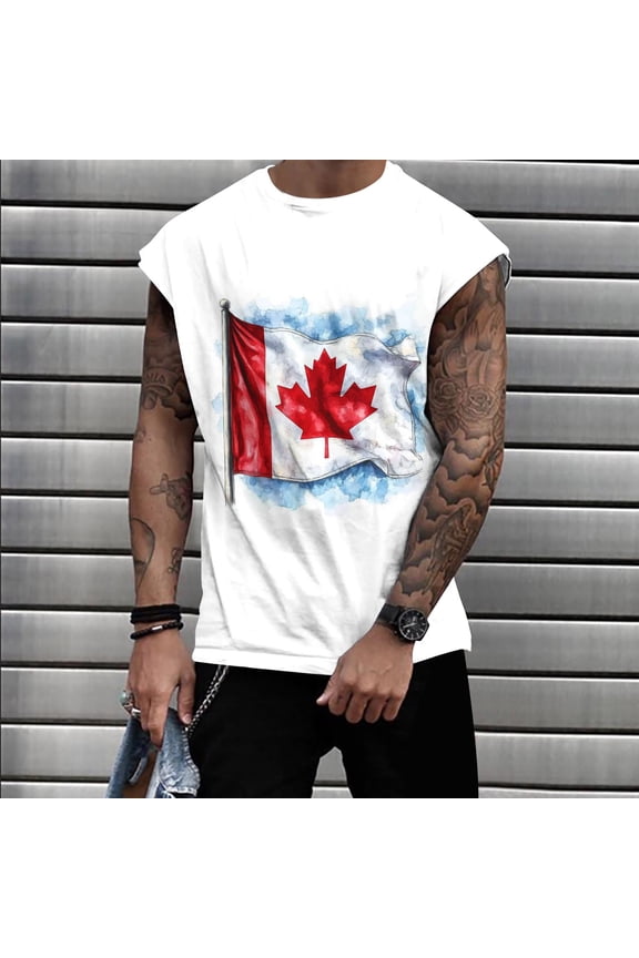 BV0FAR Men's Canada Flag Tank Tops 3D Print Maple Leaf Graphic Tees Canadian Pride Patriotic Shirts Sleeveless Cut Off Workout Tshirts Light Blue XXL
