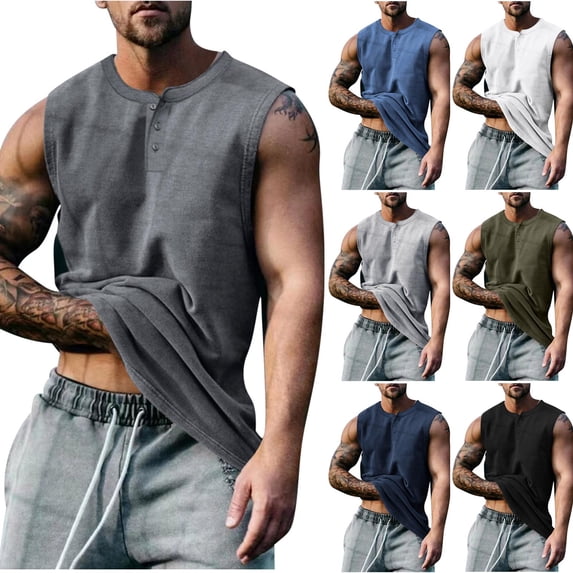 BV0FAR Sleeveless Tank Tops for Men Summer Sleeveless Henley Tanks Relaxed Fit Workout Muscle Shirt Oversized Drop Arm Top Gray M