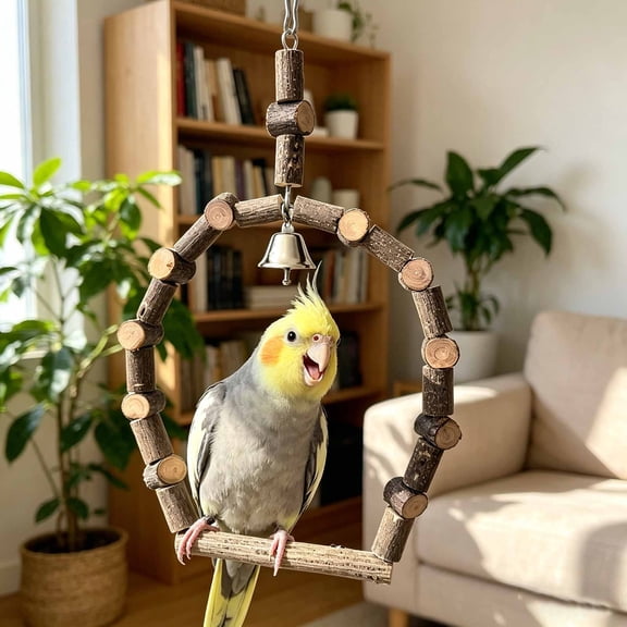 BVCL Natural Wooden Parrot Swing For Birds Chewing Activity Play Stand With Ladder And