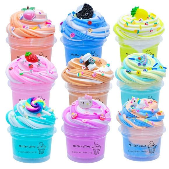 BVEHSR 9 Pack Fruit Dessert Butter Slime Kit, Scented, Stress Relief, for Girls, Ages 3-12