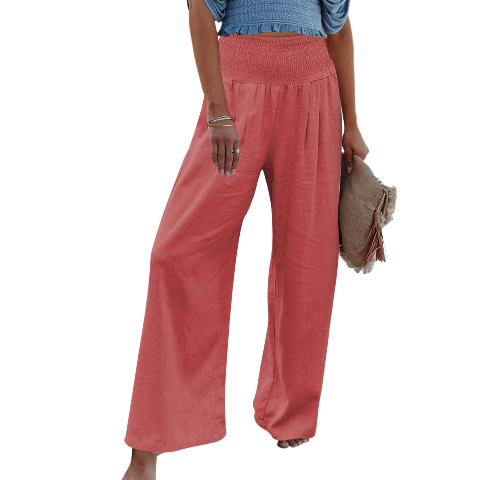 Women's Smocked Waist Palazzo Pants - Wide Leg Cropped Casual Pants For Vacation & Daily Wear