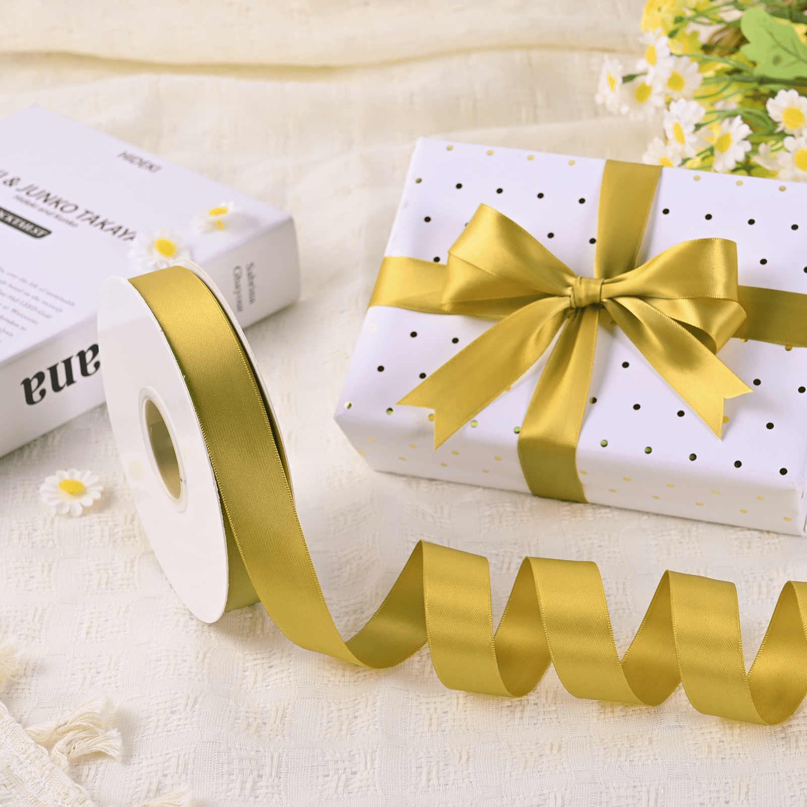 BVIEAKD Double Face Cream Gold Satin Ribbon 7/8 Inch x 50 Yards for ...