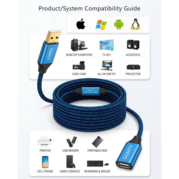 BVIUFI-100 ft Braided USB 2.0 Active Extension Cable, USB-A Male to Female