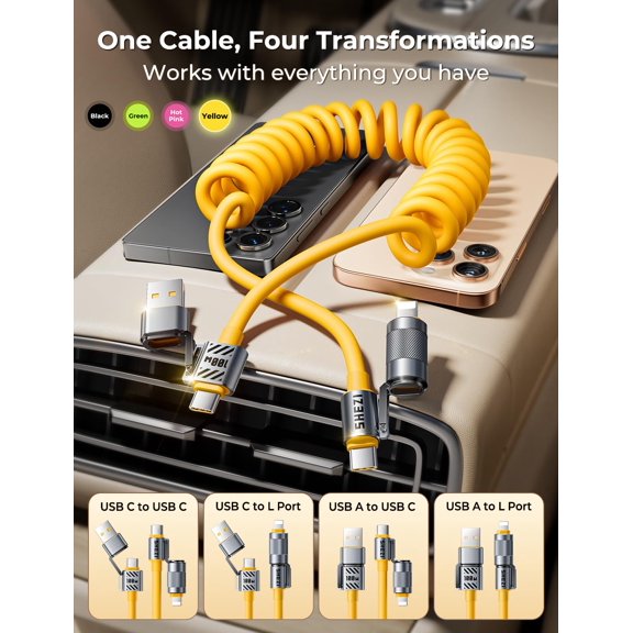 BVIUFI-100W 4 in 1 Coiled USBC Cable, 5FT USB A to USB C Cable for Car