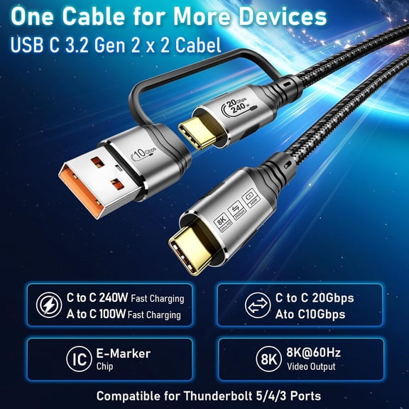 BVIUFI-2-in-1 USB C 3.2 Gen 2x2 Cable 20Gbps, 240W Charging&8K Video,10FT