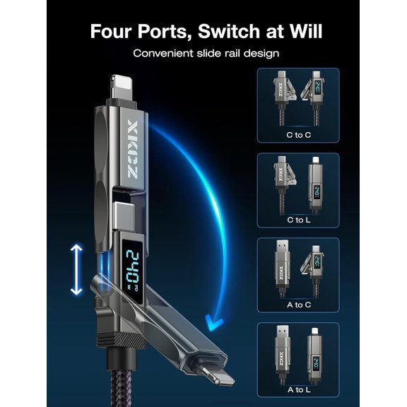 BVIUFI-4 in 1 USB C Cable with Wattage Display, 240W Round Nylon Braided Multi Charging Cable with Data Sync, USB C Charging Cord Combo Type C/USB A/iPhone Port for iPhone/iPad/Samsung/Laptop, 3FT